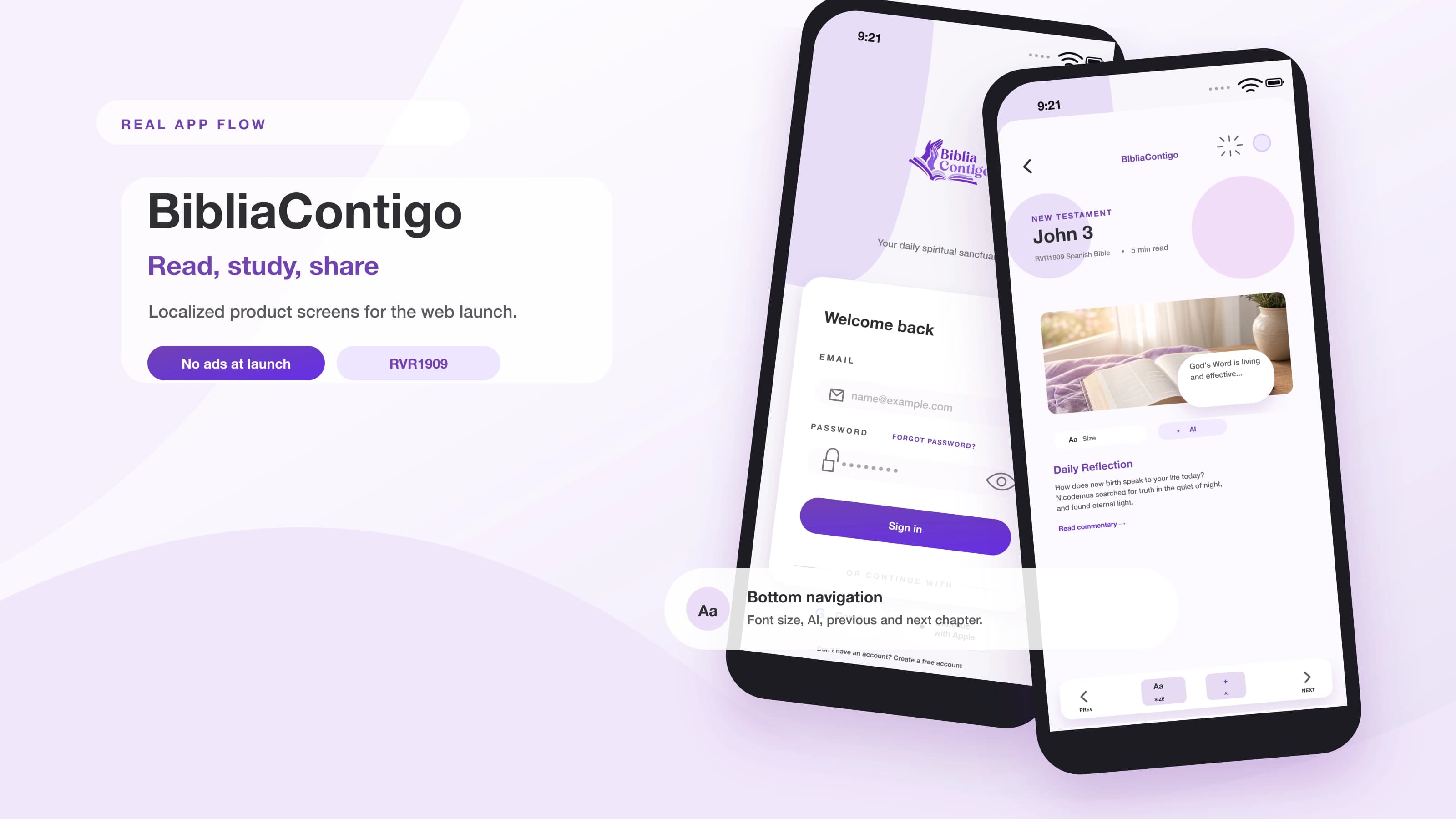 BibliaContigo English landing visual with localized reader, AI, and sign-in screens