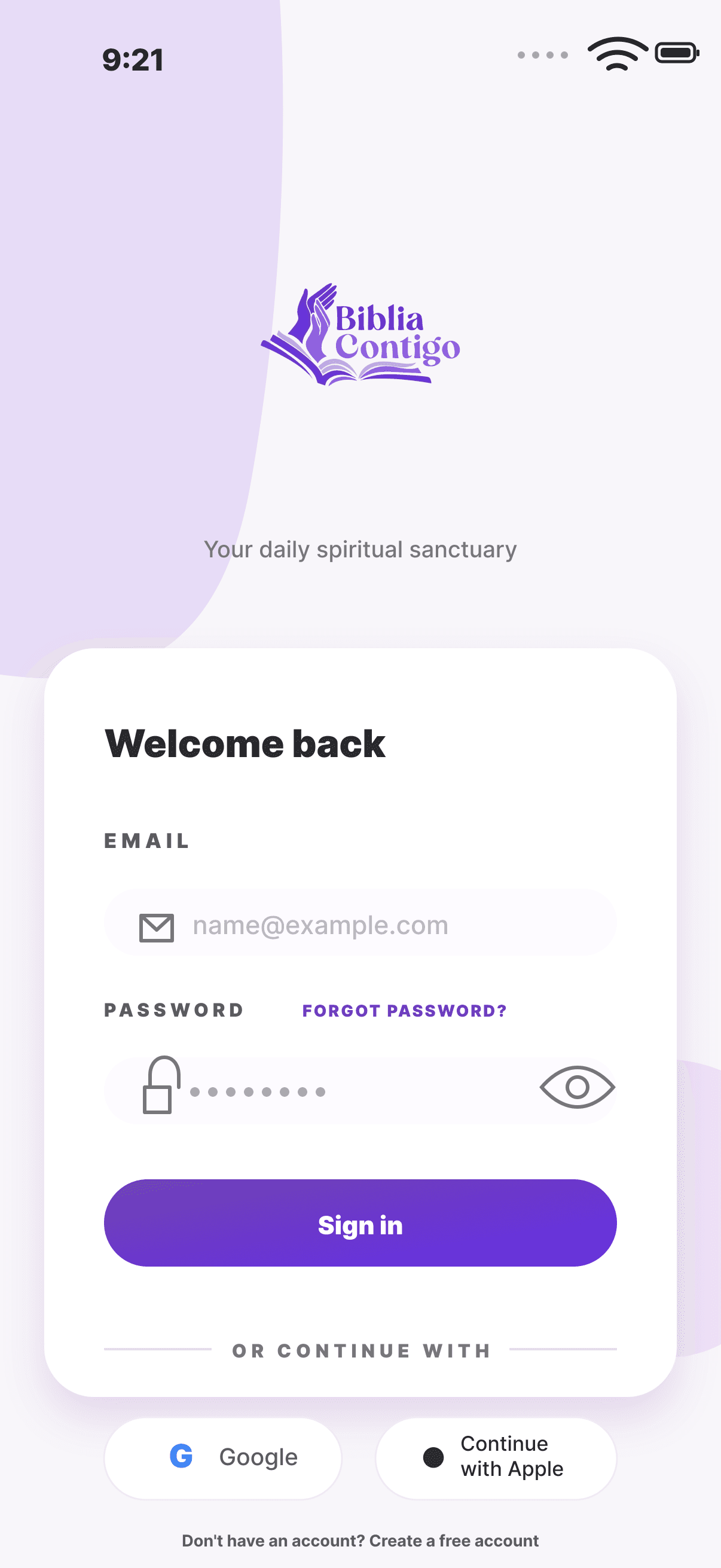 English screenshot of the BibliaContigo sign-in screen