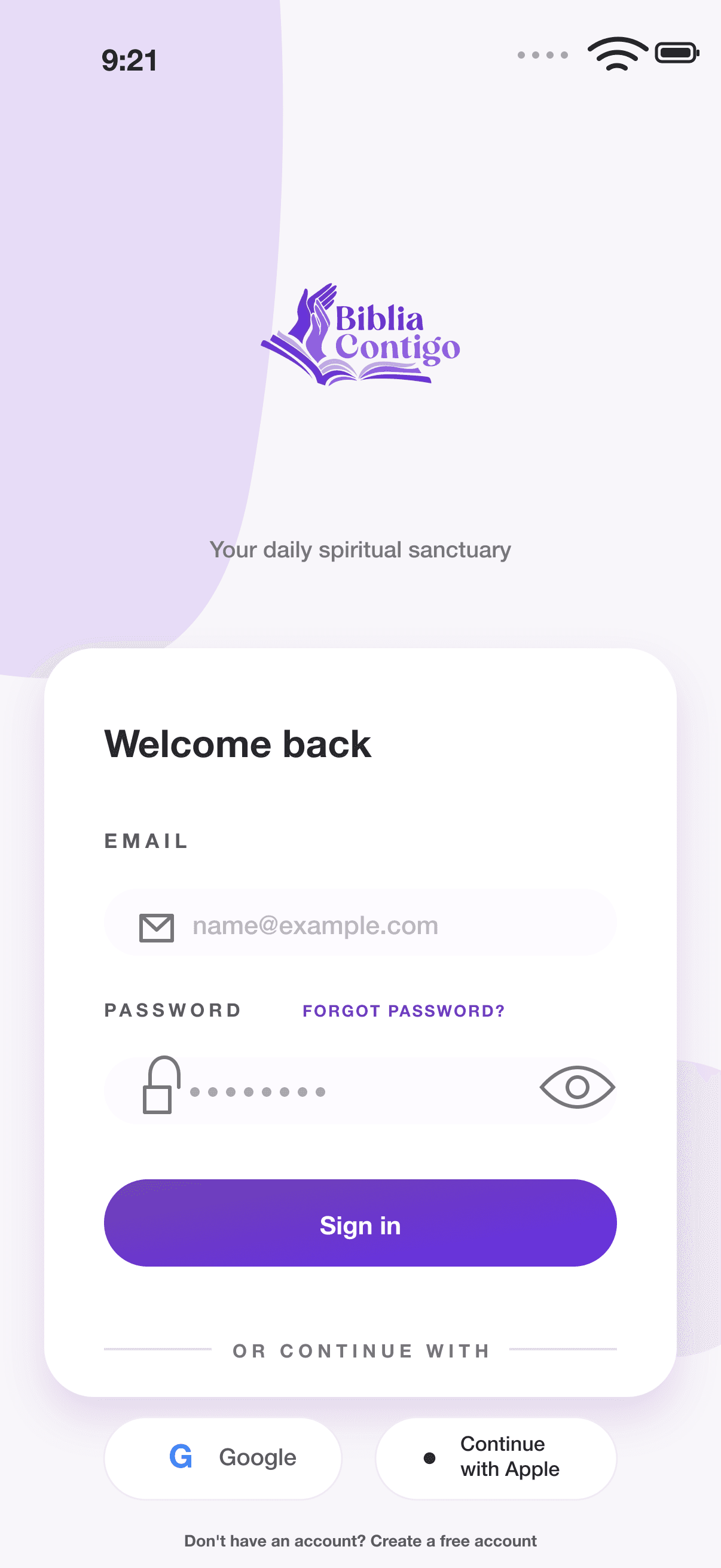 English screenshot of the BibliaContigo sign-in screen