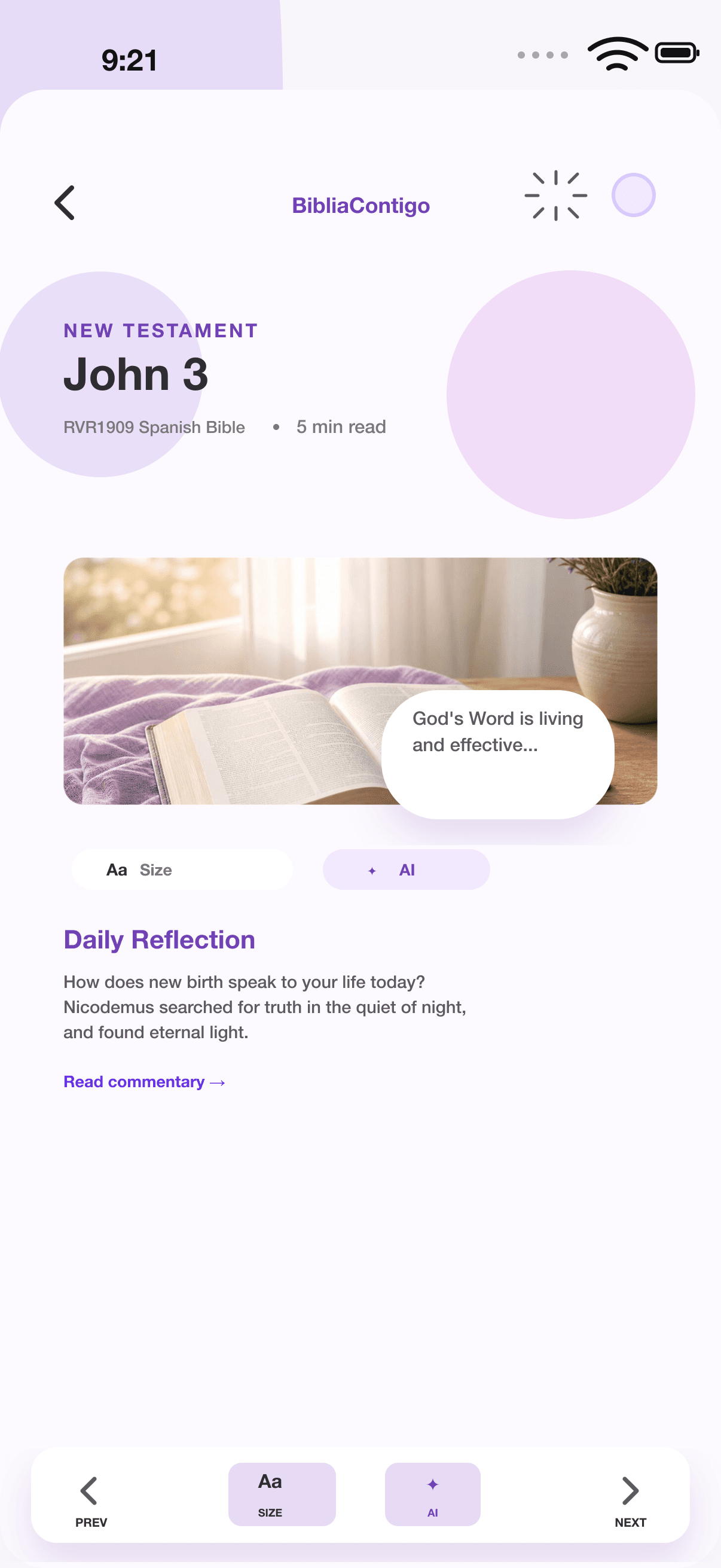 English screenshot of the John 3 reader in BibliaContigo